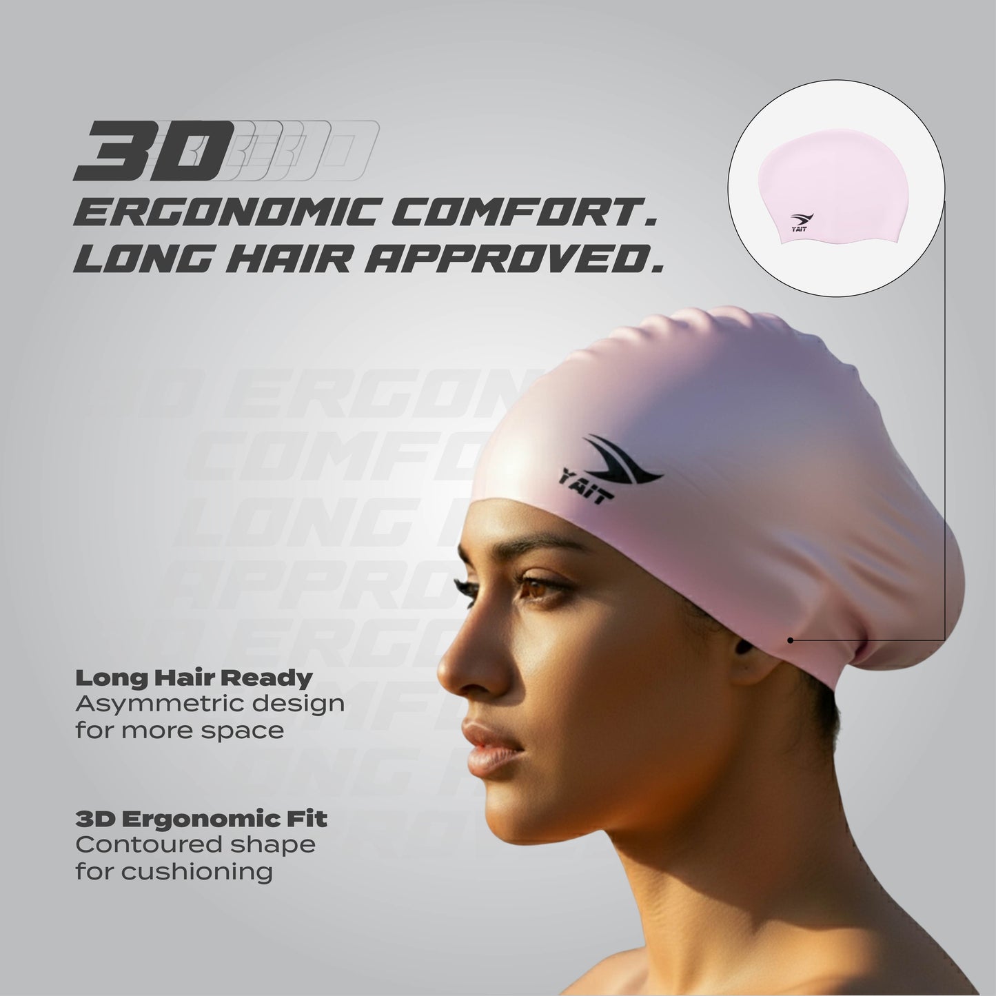 3D Ergonomic Long Hair Unisex Swimming Cap - Pink