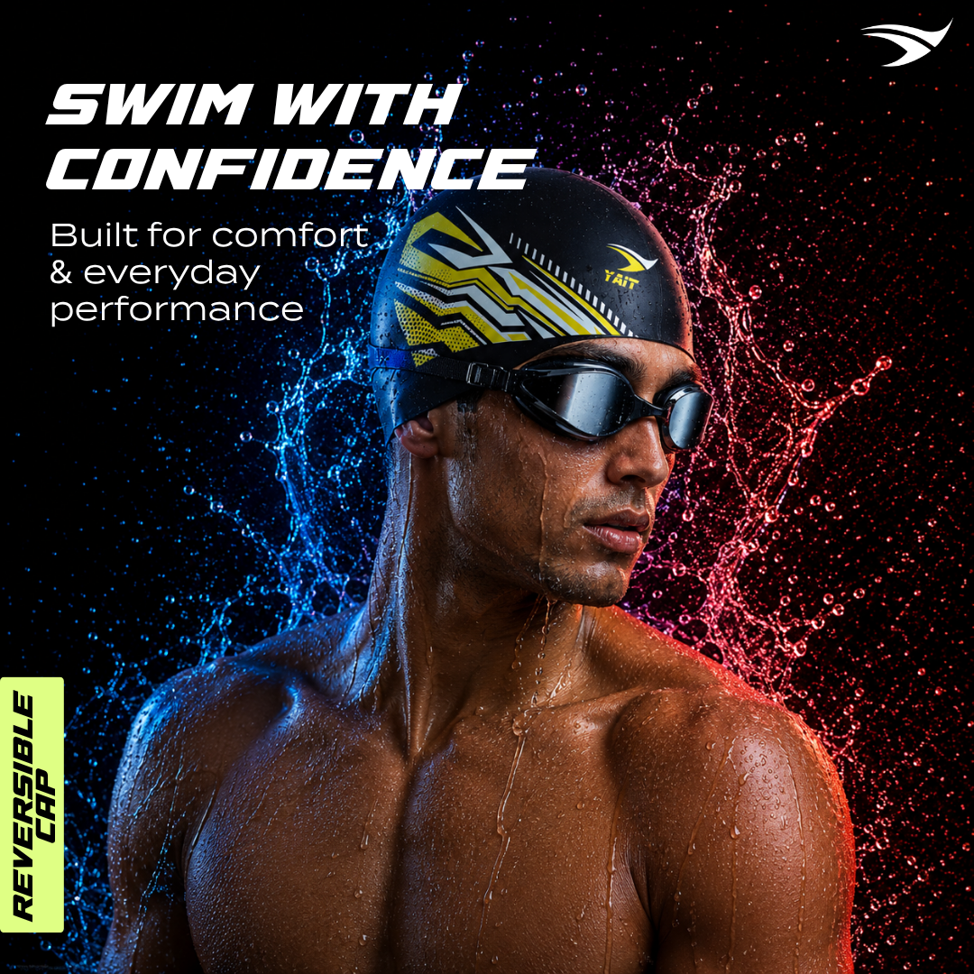 Reversible Dual Design Unisex Swimming Cap - Vibrant Yellow & Silver Grey
