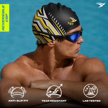Reversible Dual Design Unisex Swimming Cap - Vibrant Yellow & Silver Grey