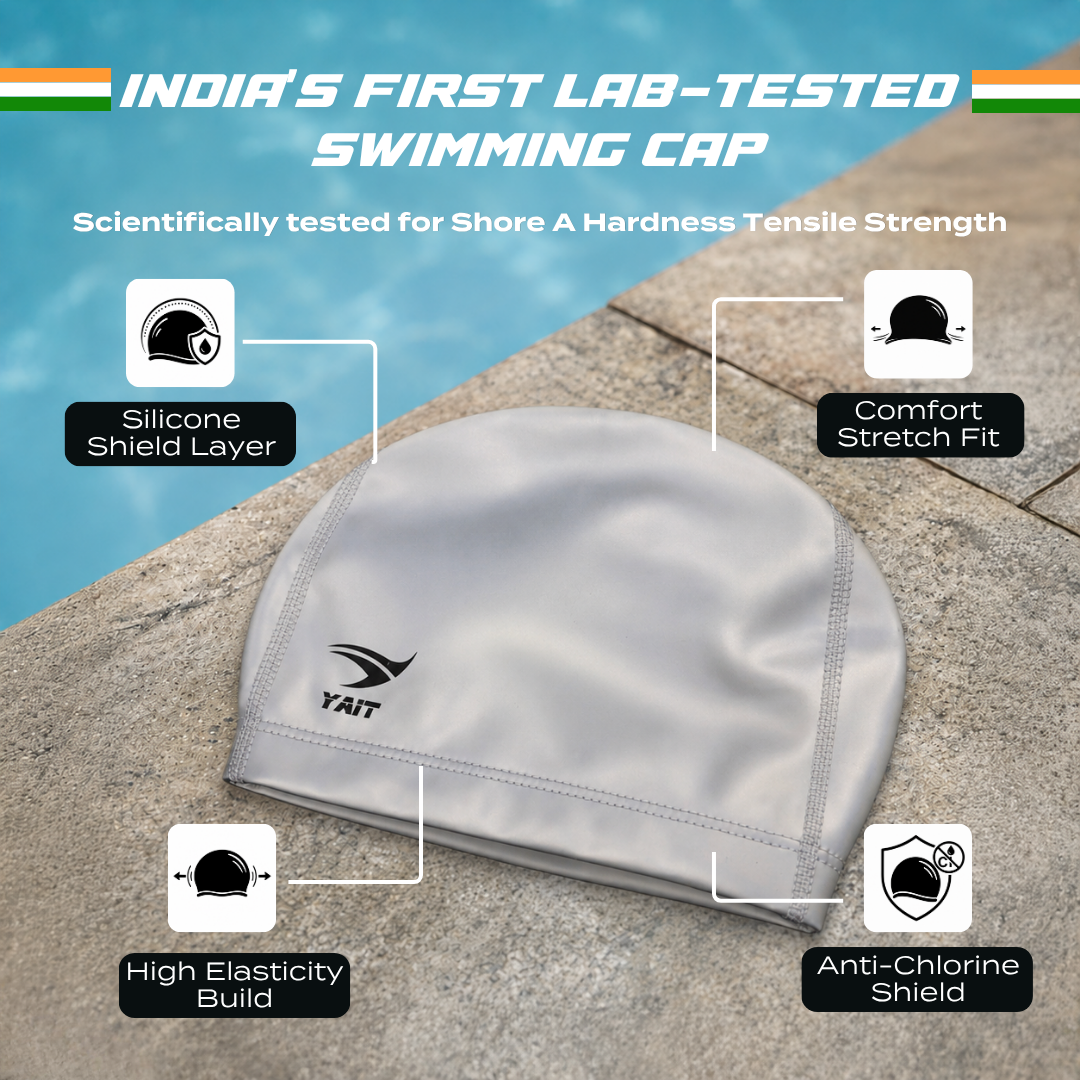 Silicone Coated Fabric Swimming Cap for Men, Women, Kids - Silver