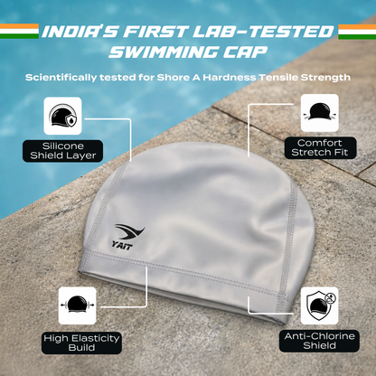Silicone Coated Fabric Swimming Cap for Men, Women, Kids - Silver