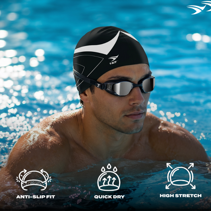 Black & Grey Stylish Unisex Swimming Cap for Men, Women, Kids