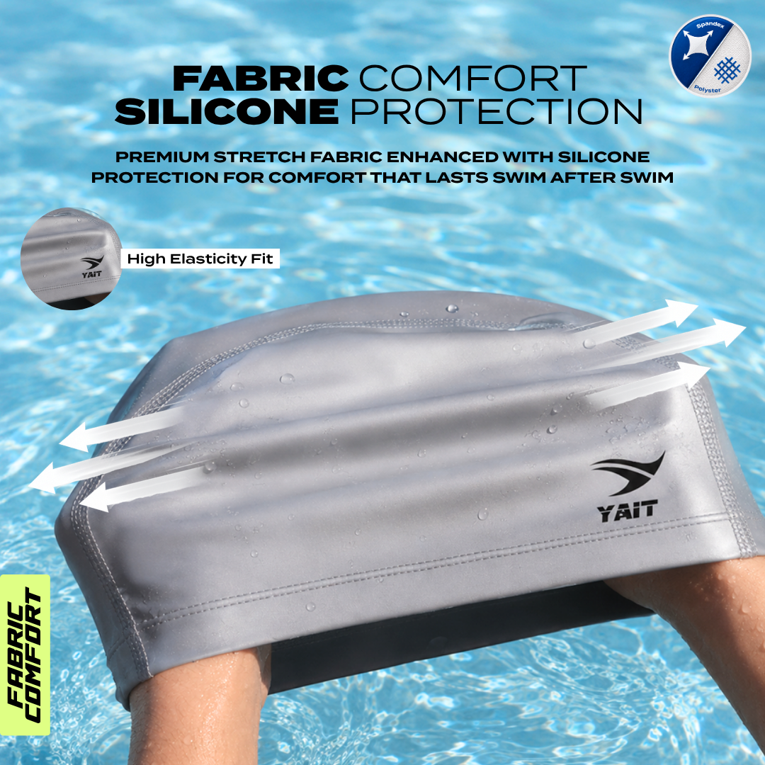 Silicone Coated Fabric Swimming Cap for Men, Women, Kids - Silver