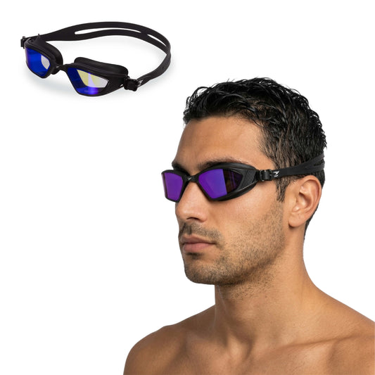 AquaElite Ultra Wide Mirrored Swimming Goggles - Black Blue