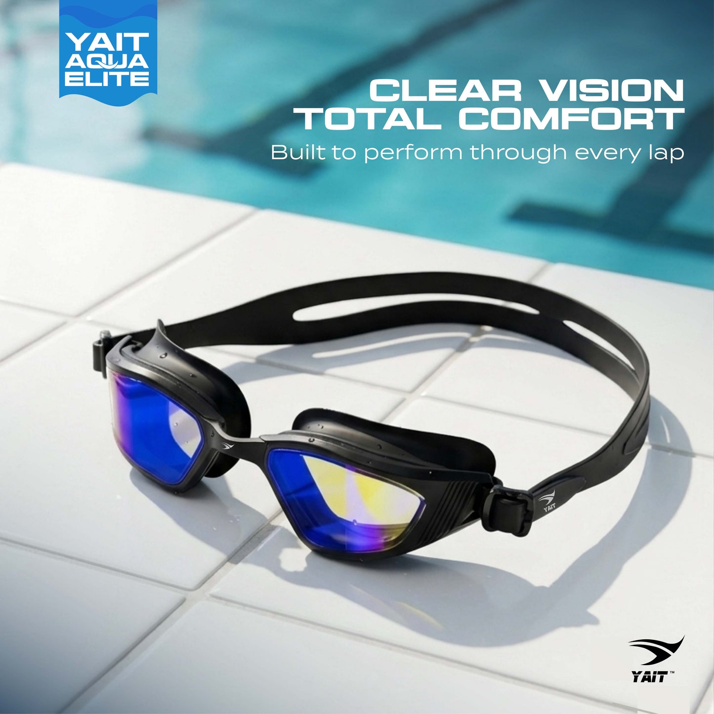 AquaElite Ultra Wide Mirrored Swimming Goggles - Black Blue
