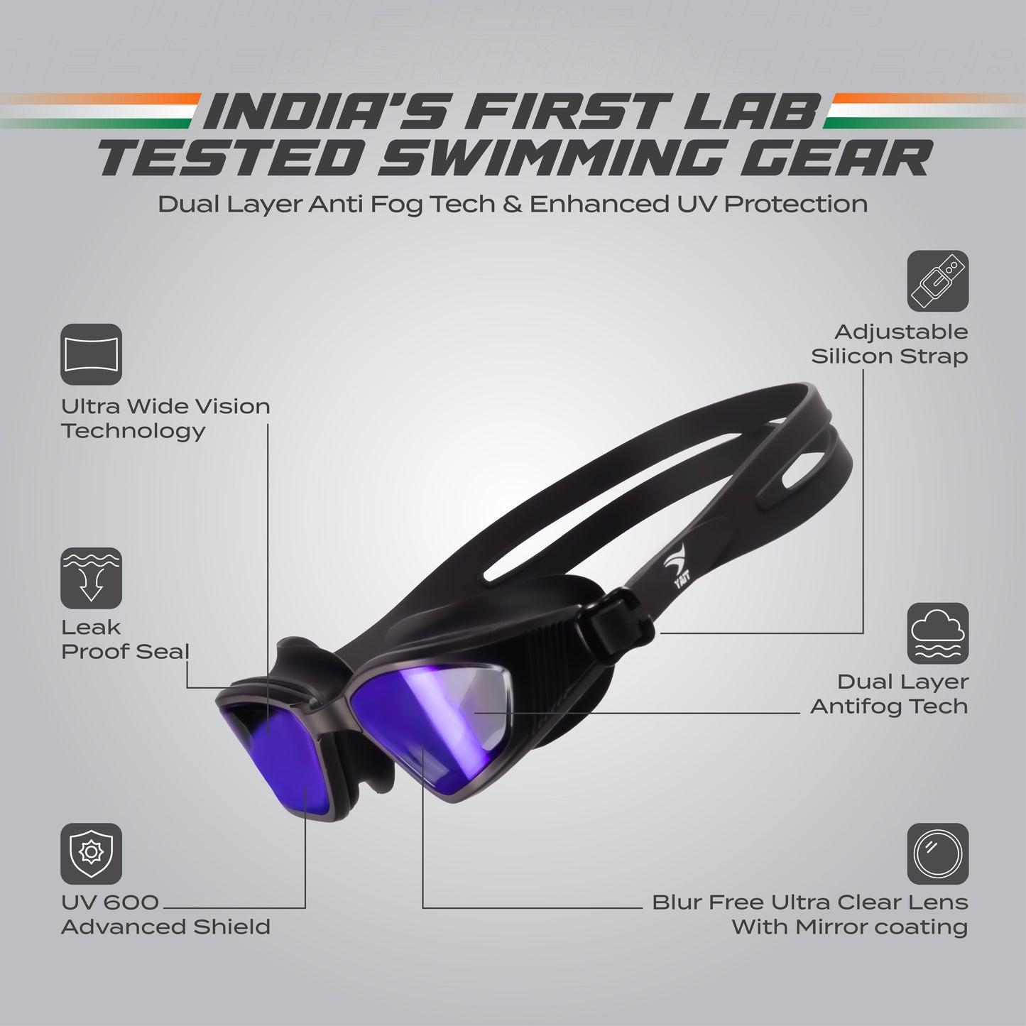 AquaElite Ultra Wide Mirrored Swimming Goggles - Black Blue