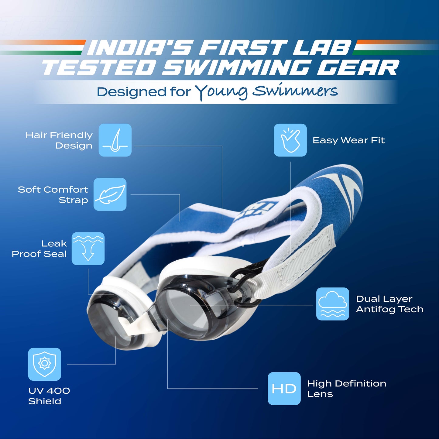 AquaEaze Kids Comfort Swimming Goggles - Silver & Blue