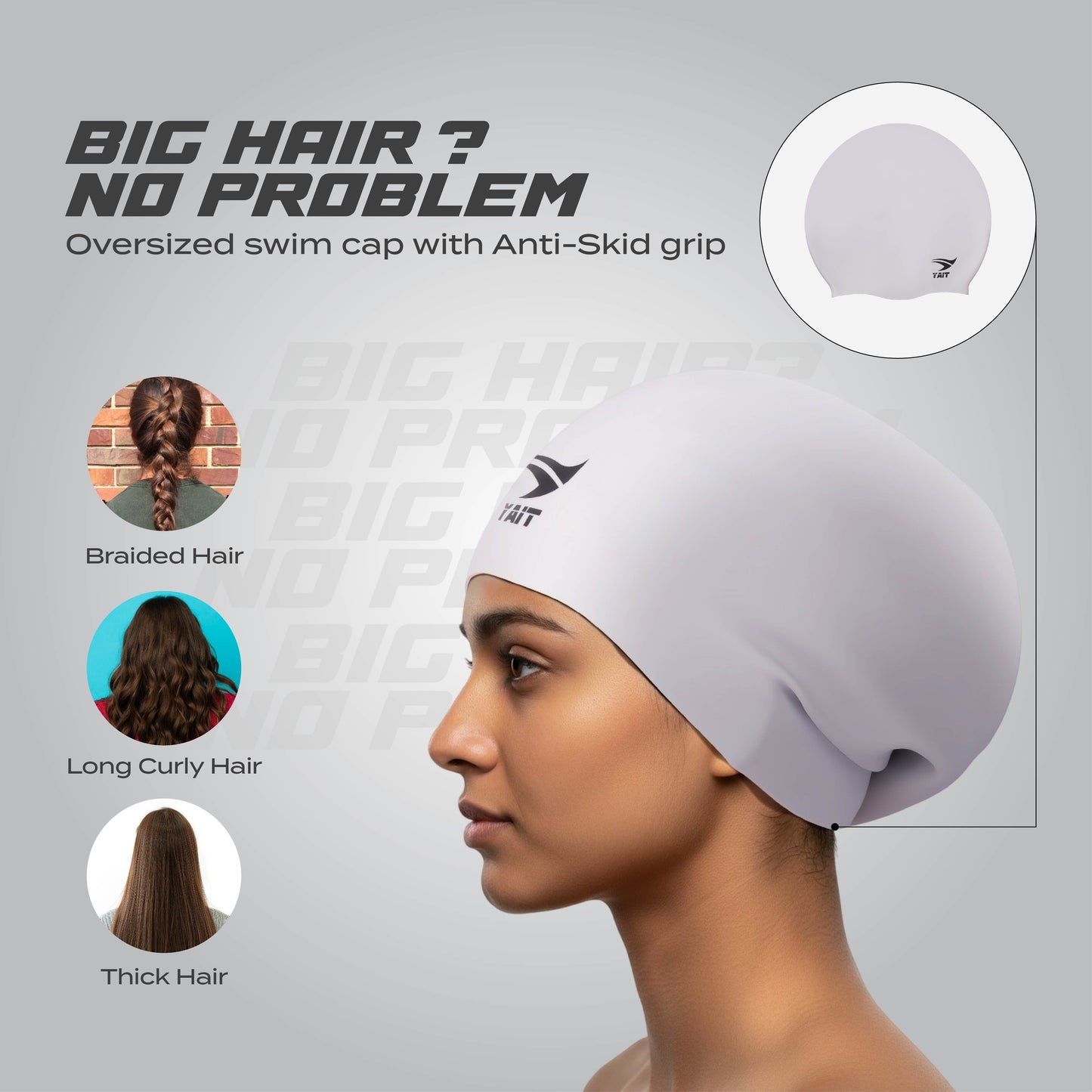 Women's Special Extra Long Hair Swimming Cap - Grey