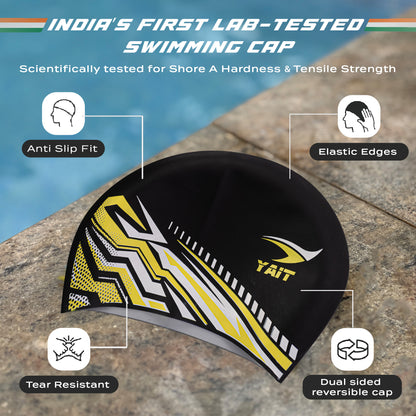 Vibrant Yellow, Black & Silver Grey Reversible Dual Design Unisex Swimming Cap