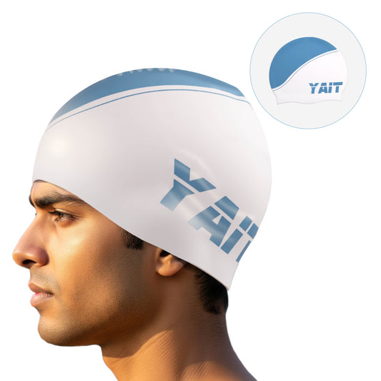 White & Blue Stylish Unisex Swimming Cap for Men, Women, Kids