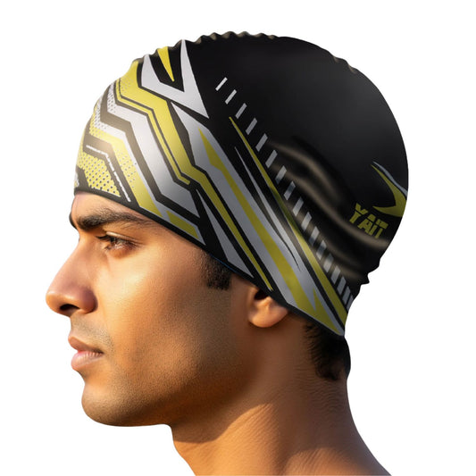 Vibrant Yellow, Black & Silver Grey Reversible Dual Design Unisex Swimming Cap