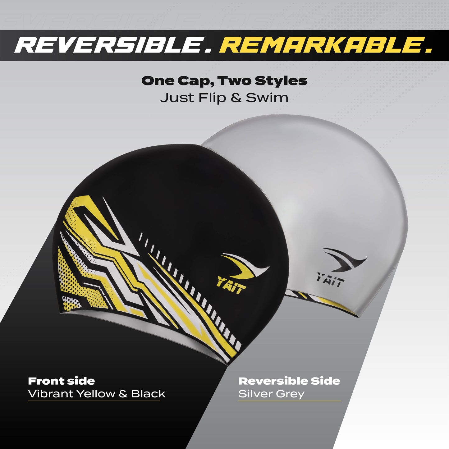 Vibrant Yellow, Black & Silver Grey Reversible Dual Design Unisex Swimming Cap