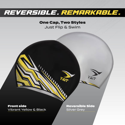 Vibrant Yellow, Black & Silver Grey Reversible Dual Design Unisex Swimming Cap
